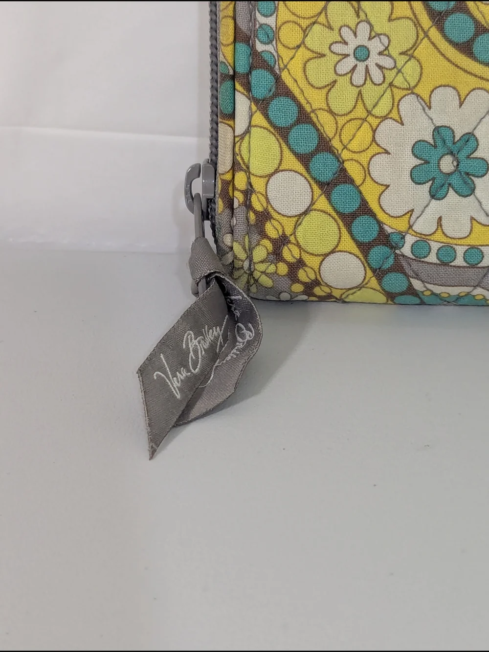 Vera Bradley Zip Around Wallet Paisley Floral Quilted Cotton Gray Yellow Blue